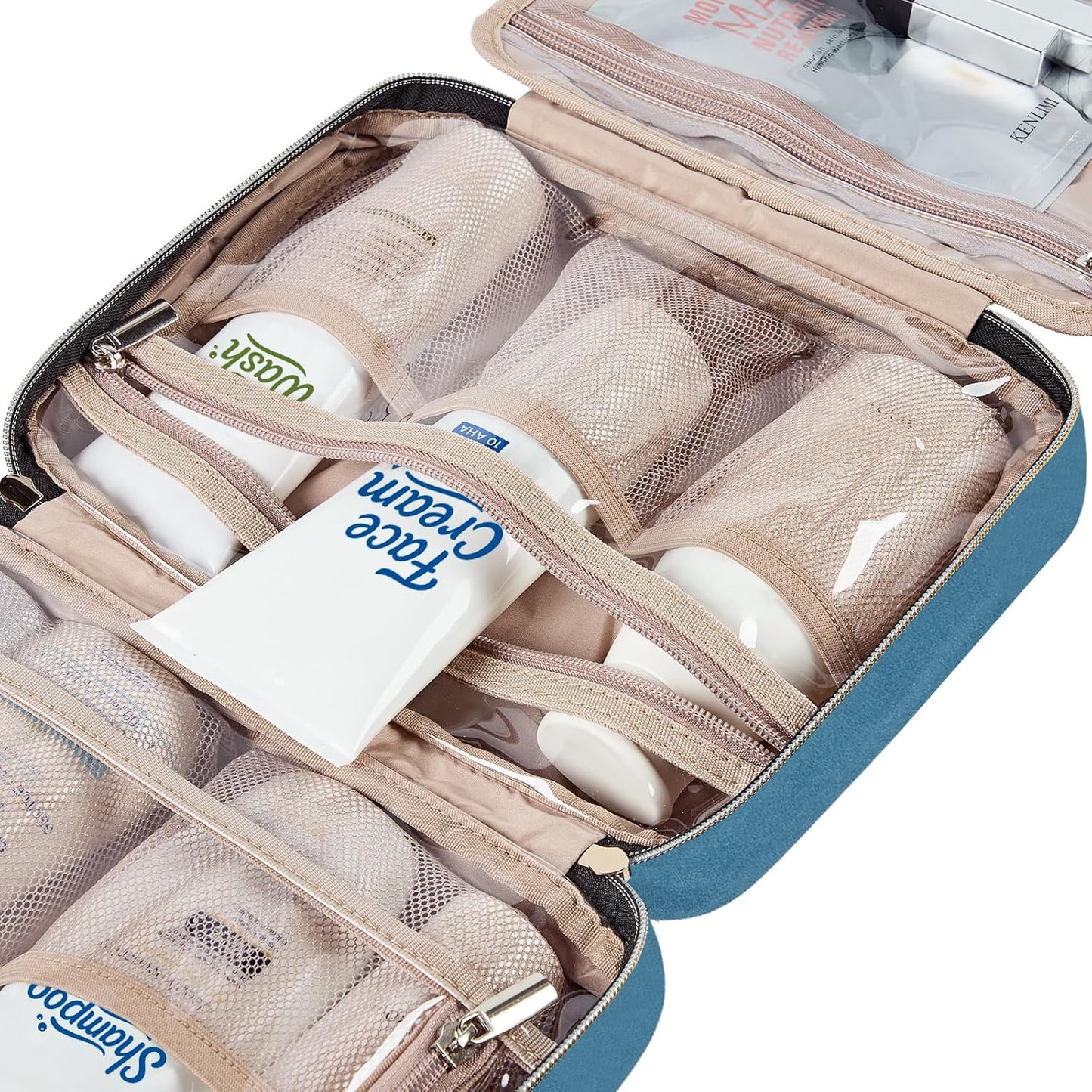 NISHEL Travel Toiletry Bag for women, Portable Hanging Organizer for Travel-Sized Shampoo, Conditioner, Brushes Set, Makeup Accessories, Medium Size, Lake-Blue