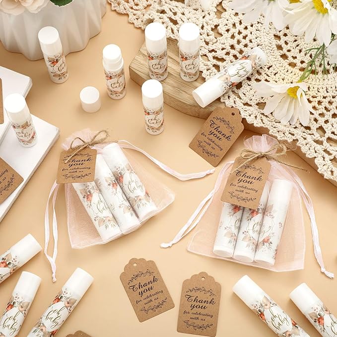 Demissle 50 Pcs Baby Shower Lip Balm Gift Set with 100 Pcs Organza Bags Baby Shower Party Favor for Guest Thank You Tag Rope Baby Shower Party Decoration Gender Reveal Souvenirs(Colorful Plants)