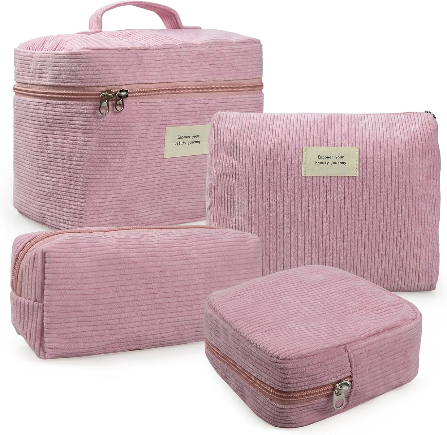 4 Pcs Makeup Bag for Women Corduroy Cosmetic Bag Aesthetic Cute Bags Multi Size Purse Pouch Travel Toiletry Bag Set Makeup Organizer with Zipper (PinkCorduroy)