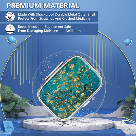 Pill Box 2 Compartment Small Pill Case,Portable for Pocket or Purse Pill Organizer Pill Container Holder to Hold Vitamins, Medication, Fish Oil and Supplements(Almond Blossom)