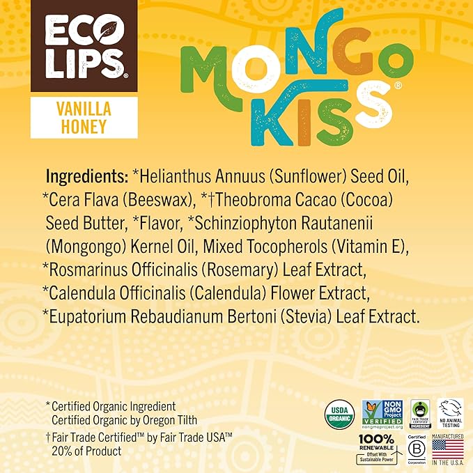 Mongo Kiss USDA Organic Lip Balm Set 8-pack (0.15 oz. each) with Mongongo Oil & Cocoa Butter to Moisturize Chapped Lips | Made in USA by Eco Lips - Honey Vanilla