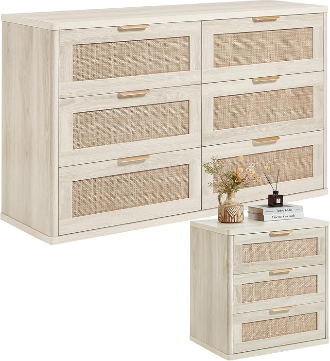 LEYAOYAO Rattan Dresser and Nightstand Set of 2, Boho Wood Dresser for Bedroom with 6 Drawers and Night Stand with 3 Drawer, Bedroom Furniture, Dressers & Chests of Drawers, Living Room, Hallway