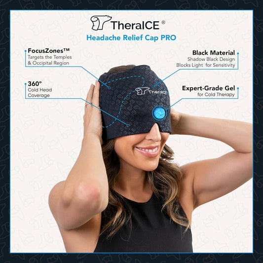 TheraICE Migraine Relief Cap PRO, Headache Relief Cap, Ice Face Mask, Cold Compress Head Wrap for Tension Headache Relief, Stress & Hangover, FocusZone Technology Provides Extra Cooling & Pressure