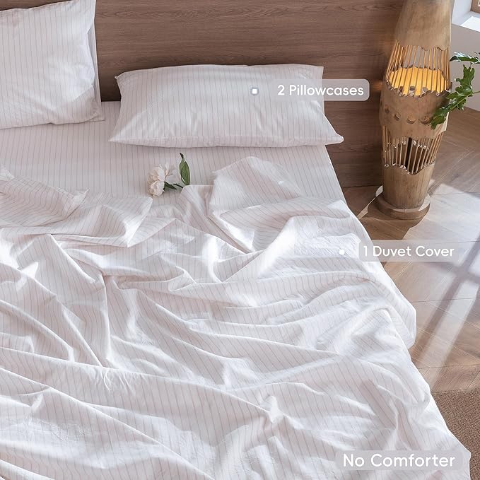 MooMee Striped Duvet Cover Set 100% Washed Cotton Linen Like Textured Breathable Durable Soft Comfy (White Heathered Greyish Pink Wide Stripes, Cal King 104"x98")