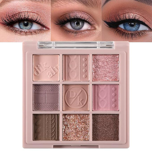 Erinde 9 Colors Eyeshadow Palette, Matte Shimmer Glitter Eye Shadow Makeup Palette, Highly Pigmented Long Lasting Waterproof, Natural Neutral Nude Eyeshadow Makeup Pallet, Pink Purple Rose