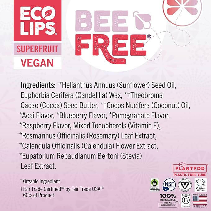 Eco Lips Vegan Superfruit Bee Free Lip Balm Includes Candelilla Wax, Organic Cocoa Butter and Coconut Oil. 100% Plastic-Free Plant Pod Packaging. 3-Pack