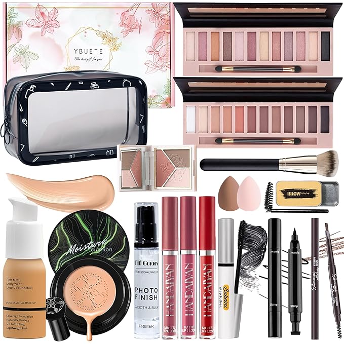 Makeup Set Kit for Women Full Kit, Makeup Present for Women Teen Girl, Eyeshadow Foundation CC Cream Face Primer Brush 3 in 1 Palette Lip Gloss, Eyebrow Soap Mascara Eyeliner Makeup bag