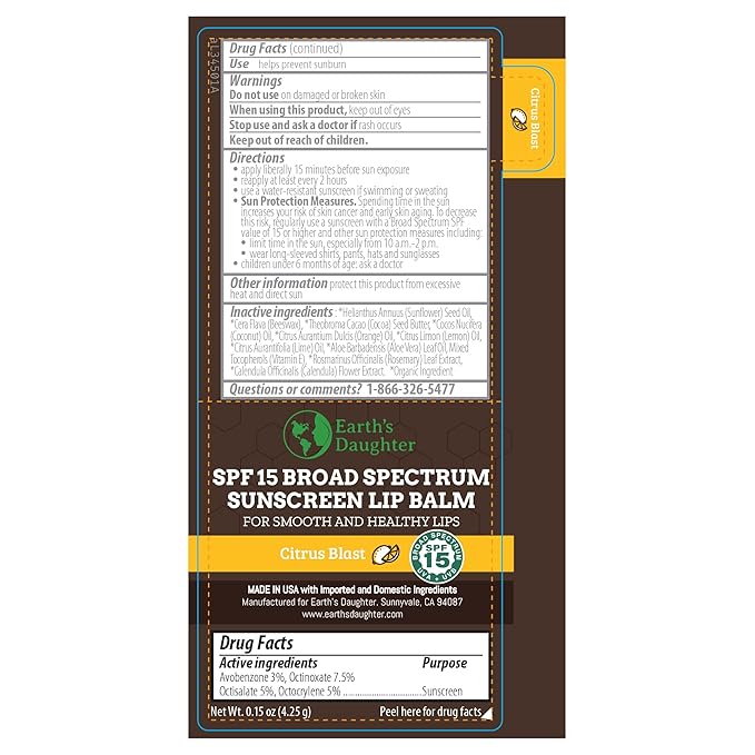 SPF Lip Balm 4-Pack by Earth's Daughter - Lip Sunscreen, SPF 15, Organic Ingredients, Citrus Flavor, Beeswax, Coconut Oil, Vitamin E - Hypoallergenic, Paraben Free, Gluten Free