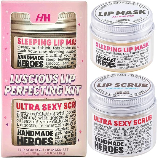 Handmade Heroes 100% Natural Coconut Lip Exfoliator & Lip Mask Gift Set - Gentle Exfoliant Sugar Lip Polish & Moisturizer for Chapped & Dry Lips