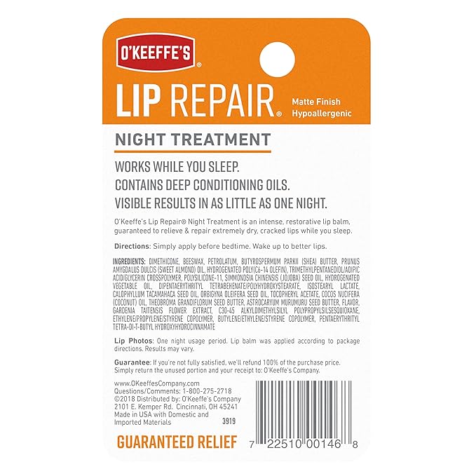 O'Keeffe's Lip Repair Night Treatment Lip Balm, 0.25 Ounce Jar, (Pack of 2)