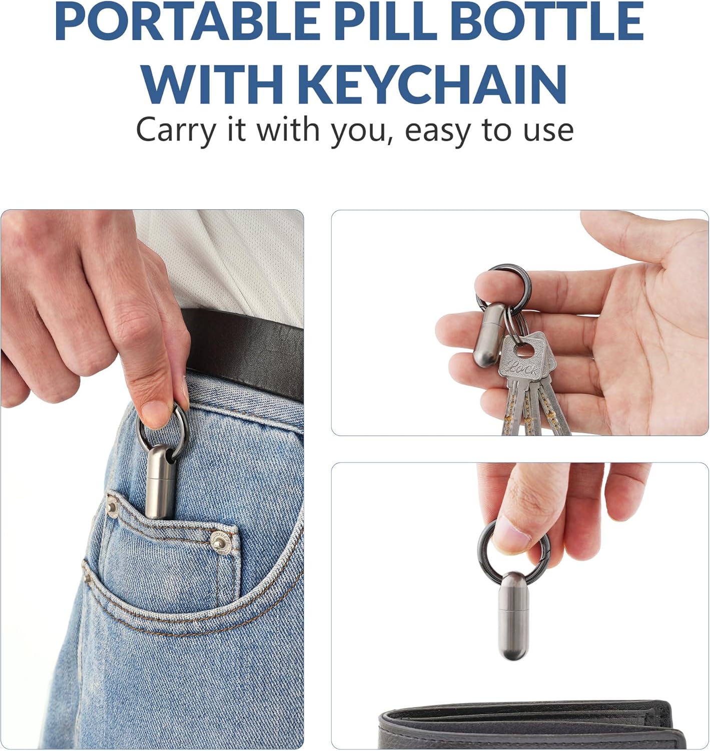 TISKY Small Keychain Pill Holder Titanium,Waterproof Tiny Pill Container with Keyring,Mini Portable Pill Case for Travel,Pill Organizer for Purse Pocket(Silver)