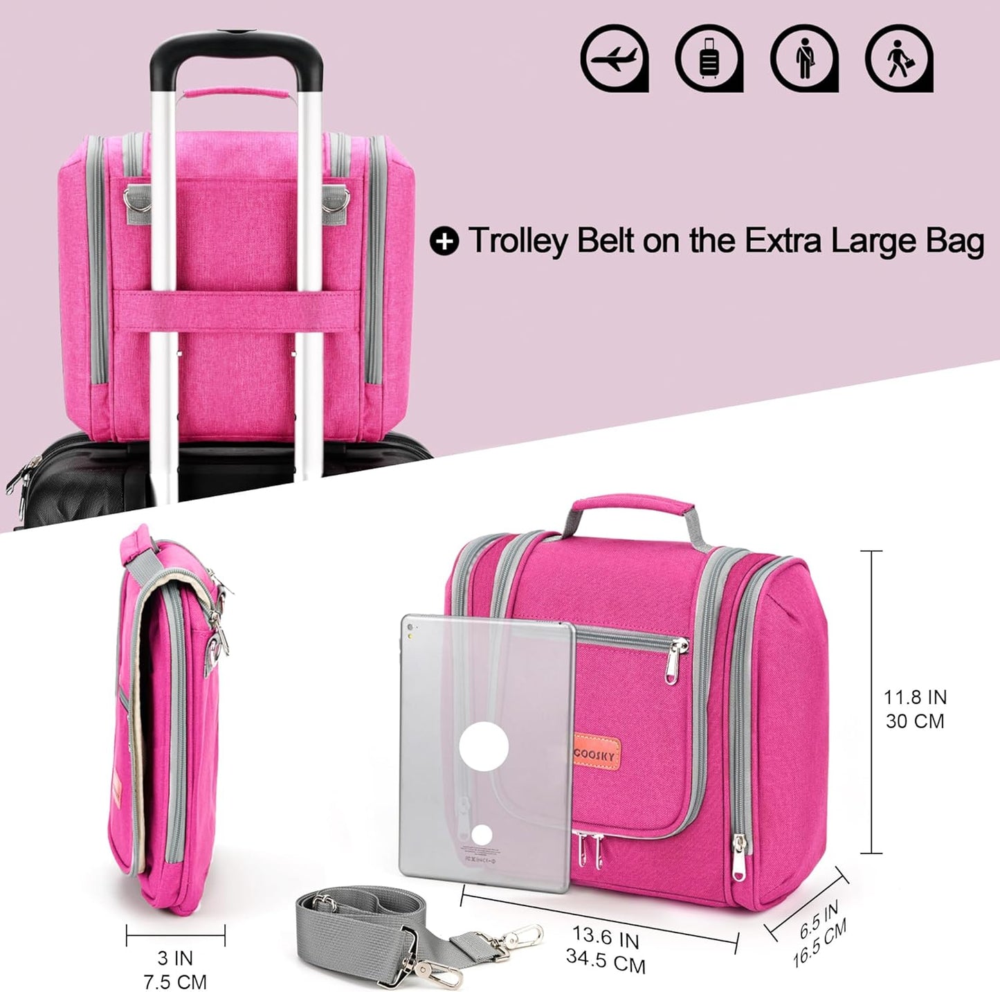 Extra Large Toiletry Bag for Women and Men, 6 Organizer Compartments, Holds Full Size Shampoo, with Hanging Hook Cosmetic Bag, Travel Makeup Bag, Bathroom Water-resistant Toiletries Bag, Rose Red