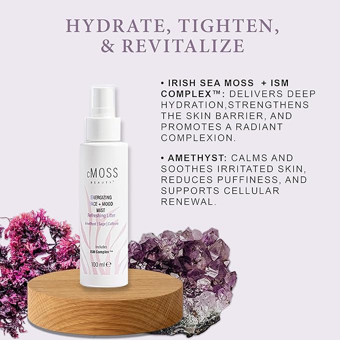 Sea Moss Infused Face and Mood Lifting Mist with Real Amethyst, Caffeine, Sage, and Hyaluronic Acid to Tighten, Brighten Skin and Calm Emotions