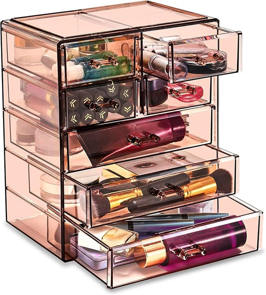 Sorbus Acrylic Clear Makeup Organizer - Big & Spacious Cosmetic Display Case - Stylish Designed Jewelry & Make Up Organizers and Storage for Vanity, Bathroom (4 Large, 2 Small Drawers) [Bronze Glow]