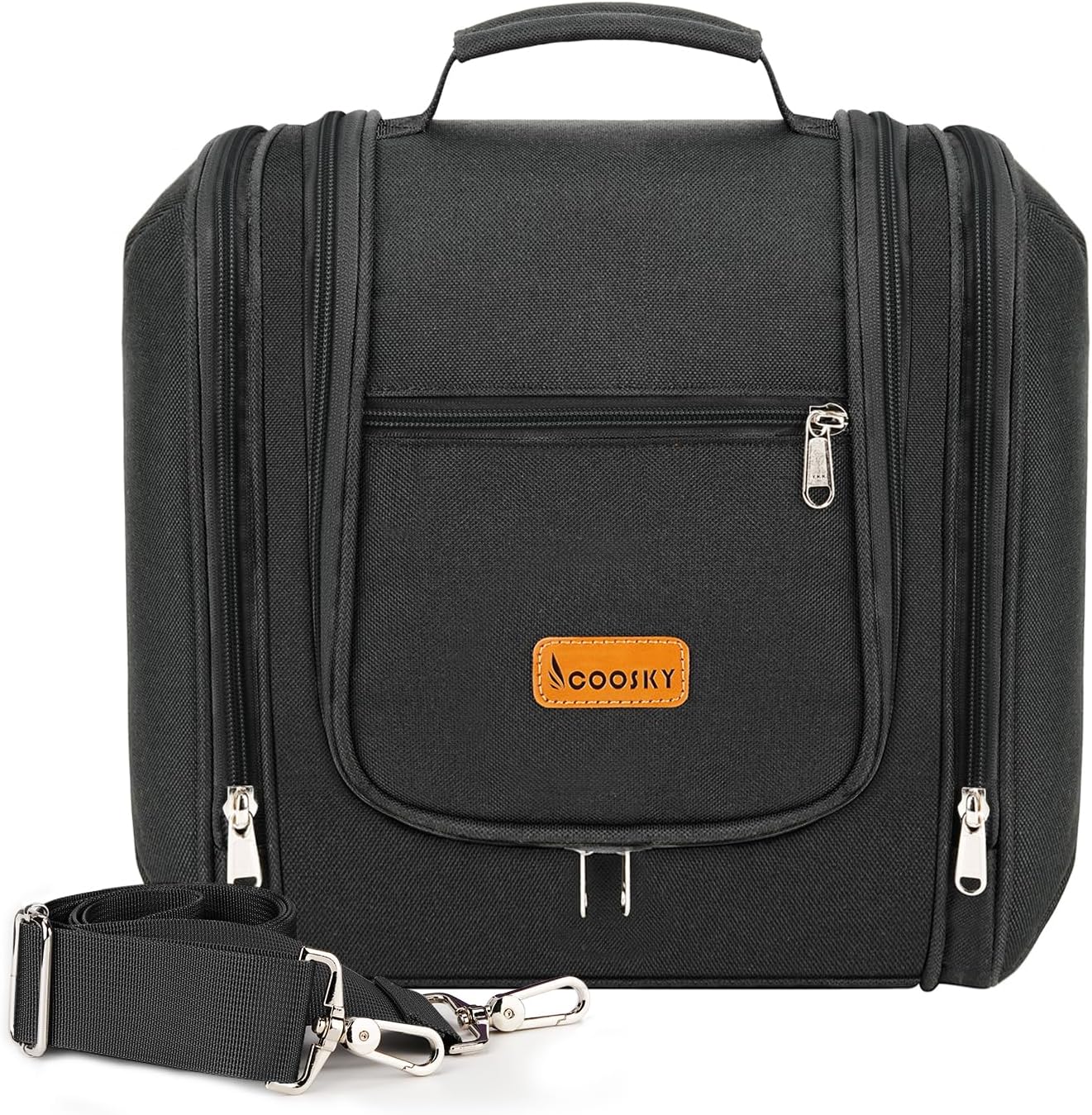 Hanging Travel Toiletry Bag for Women and Men, 6 Organizer Compartments, Large Toiletries essentials, Bathroom Cosmetic Accessories, Water-resistant Makeup Bag, Holds Full-Size Shampoo, Black