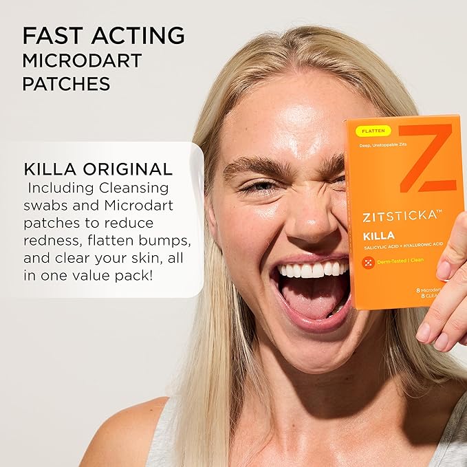 ZitSticka Killa Pimple Patches for Face - World's Most Potent Pimple Patch with Fast-Acting Microdarts - Starts Working within 6 Hours for Deep, Early-Stage Zits - Regular 8 Count with Cleana Swab