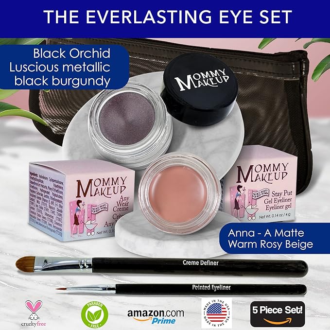 The Everlasting Eye 5 Piece Waterproof Makeup Set. Gel Eyeliner, Creme Eyeshadow, 2 brushes and Mesh Bag. Paraben-free, Talc-free, Cruelty-free. Anna/Amethyst 1206