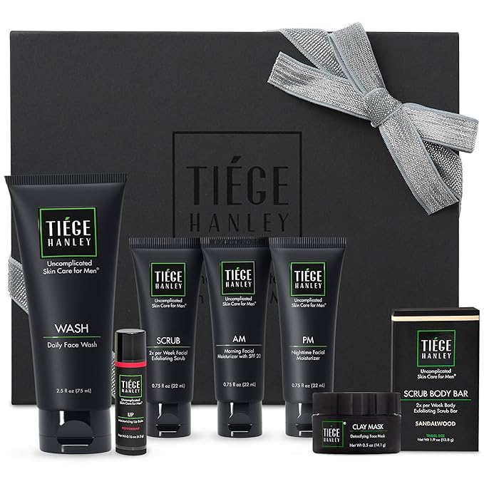 Tiege Hanley Mens Skin Care Gift Box Set, Silver - Men's Skincare Set Includes Face Wash, AM & PM Facial Moisturizer, Face Clay Mask & Scrub, Body Scrub Bar, & Moisturizing Lip Balm