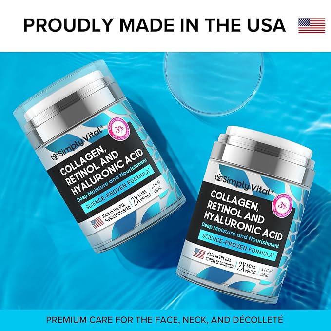 SimplyVital Collagen, Retinol & Hyaluronic Acid Cream - Anti-Aging Retinol Cream for Face, Neck & Décolleté - Made in USA - Daily Moisturizer Face Cream - 3.38 fl oz