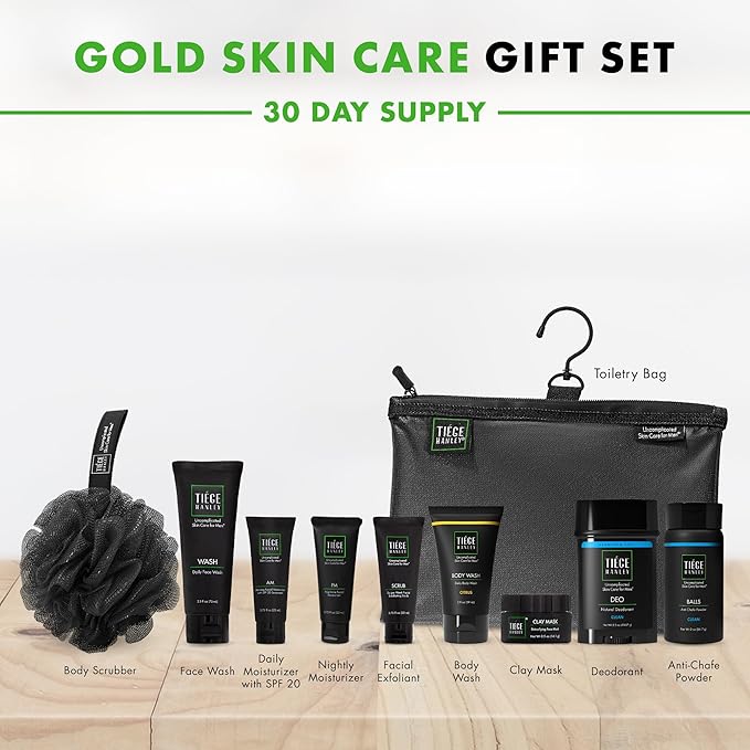 Tiege Hanley Mens Skin Care Gift Box Set, Gold - Men's Skincare Set with Face Wash, AM & PM Moisturizer, Scrub, Clay Mask, Body Wash, Deodorant, Anti Chafe Powder, Scrubber & Dopp Kit