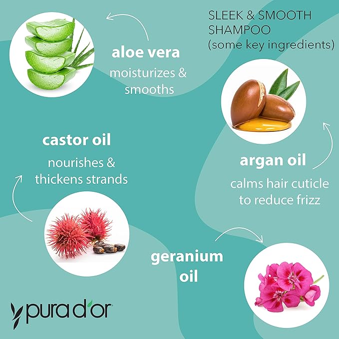 PURA D'OR Sleek & Smooth Shampoo and Conditioner Set For Frizz-Free & Silky Smooth Hair, Infused with Organic Aloe Vera, Argan Oil, Castor Oil, Bergamot Oil & Geranium Oil
