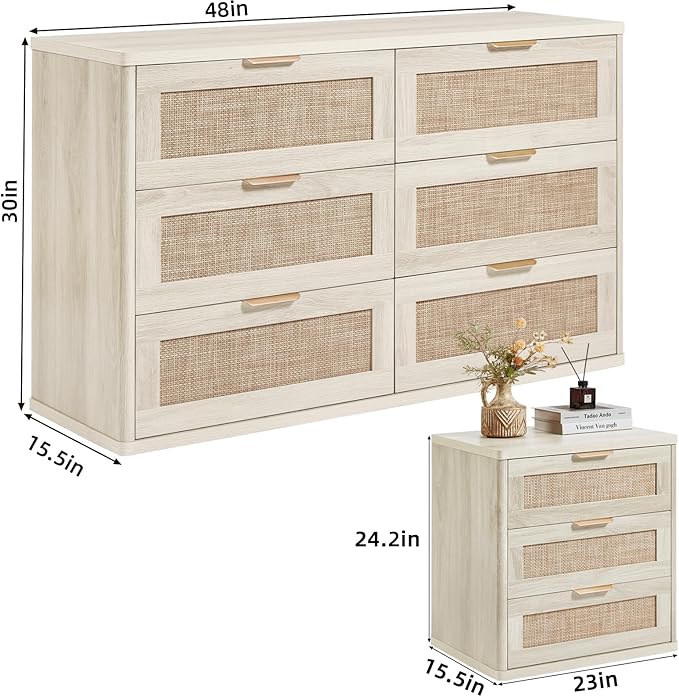 LEYAOYAO Rattan Dresser and Nightstand Set of 2, Boho Wood Dresser for Bedroom with 6 Drawers and Night Stand with 3 Drawer, Bedroom Furniture, Dressers & Chests of Drawers, Living Room, Hallway