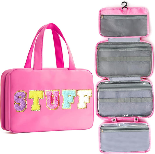 Toiletry Bag with Hanging Hook Chenille Letter Cosmetic Bag Spacious Travel Bag Water-resistant Makeup Bag for Store Toiletries Cosmetic Accessories and Sets for Women Rose Red