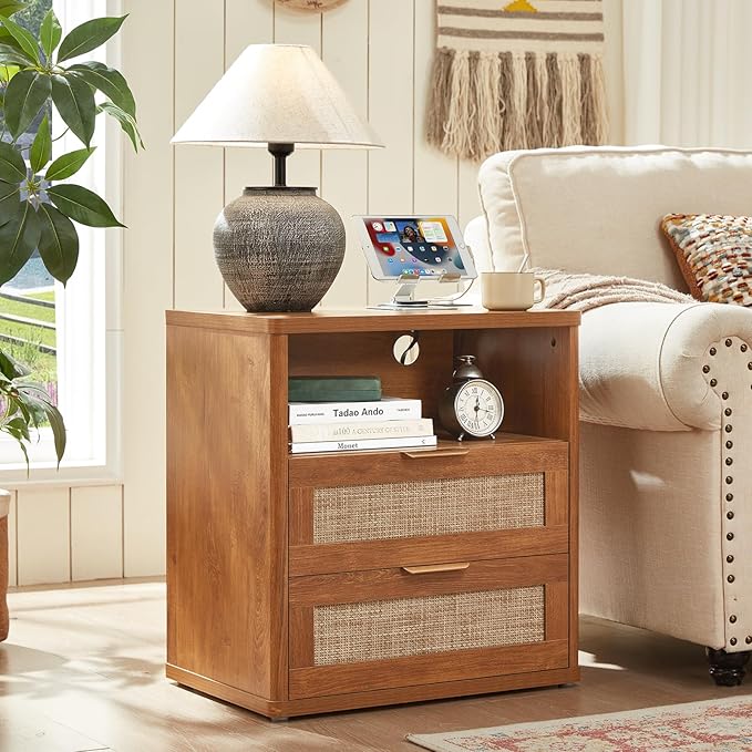 LEYAOYAO Rattan Dresser and Nightstand Sets 3 Piece, Boho Wood Dresser for Bedroom with 6 Drawers and Night Stand with Charging Station, Bedroom Furniture, Dressers & Chests of Drawers, Living Room
