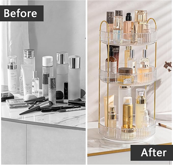 Rotating Makeup Organizer for Vanity, High-Capacity Skincare Clear Make Up Storage Perfume Organizers Cosmetic Dresser Organizer Countertop 360 Spinning (Clear, 3 Tier)
