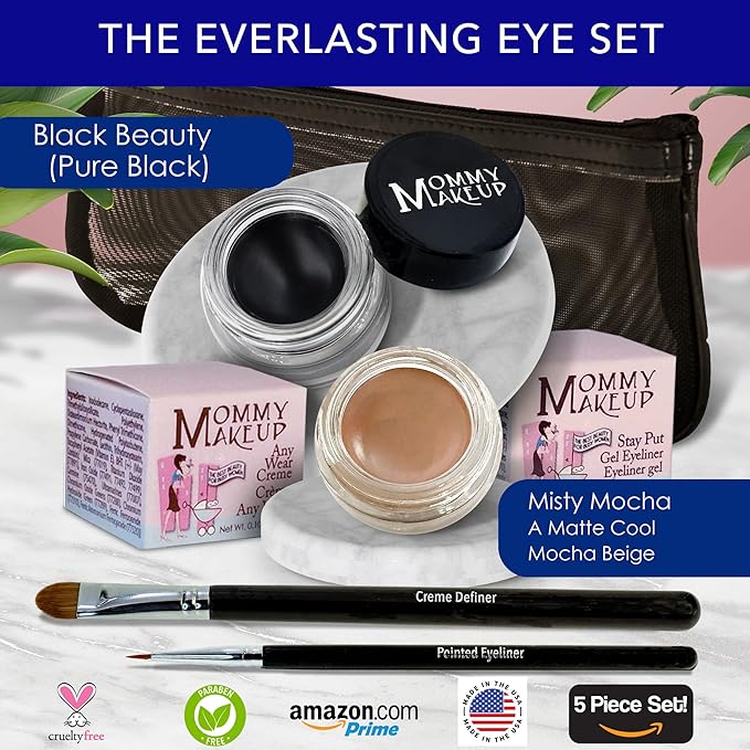 The Everlasting Eye 5 Piece Waterproof Makeup Set. Gel Eyeliner, Creme Eyeshadow, 2 brushes and Mesh Bag. Paraben-free, Talc-free, Cruelty-free. Misty Mocha/Black Beauty 1801