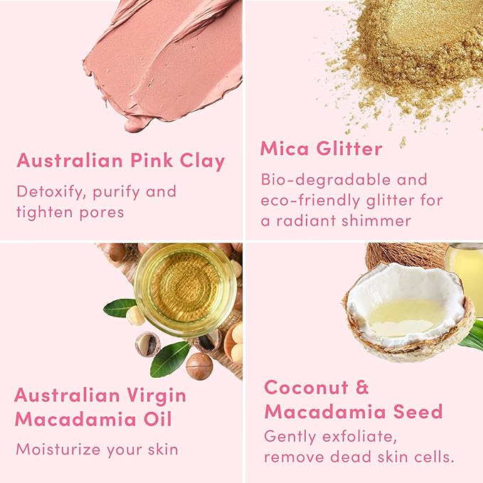 Sand & Sky Australian Pink Clay Exfoliating Body Scrub with Macadamia Oil - Smoothing Shimmer Body Polish for Cellulite Reduction, Helps with Keratosis Pilaris, 6.8 oz