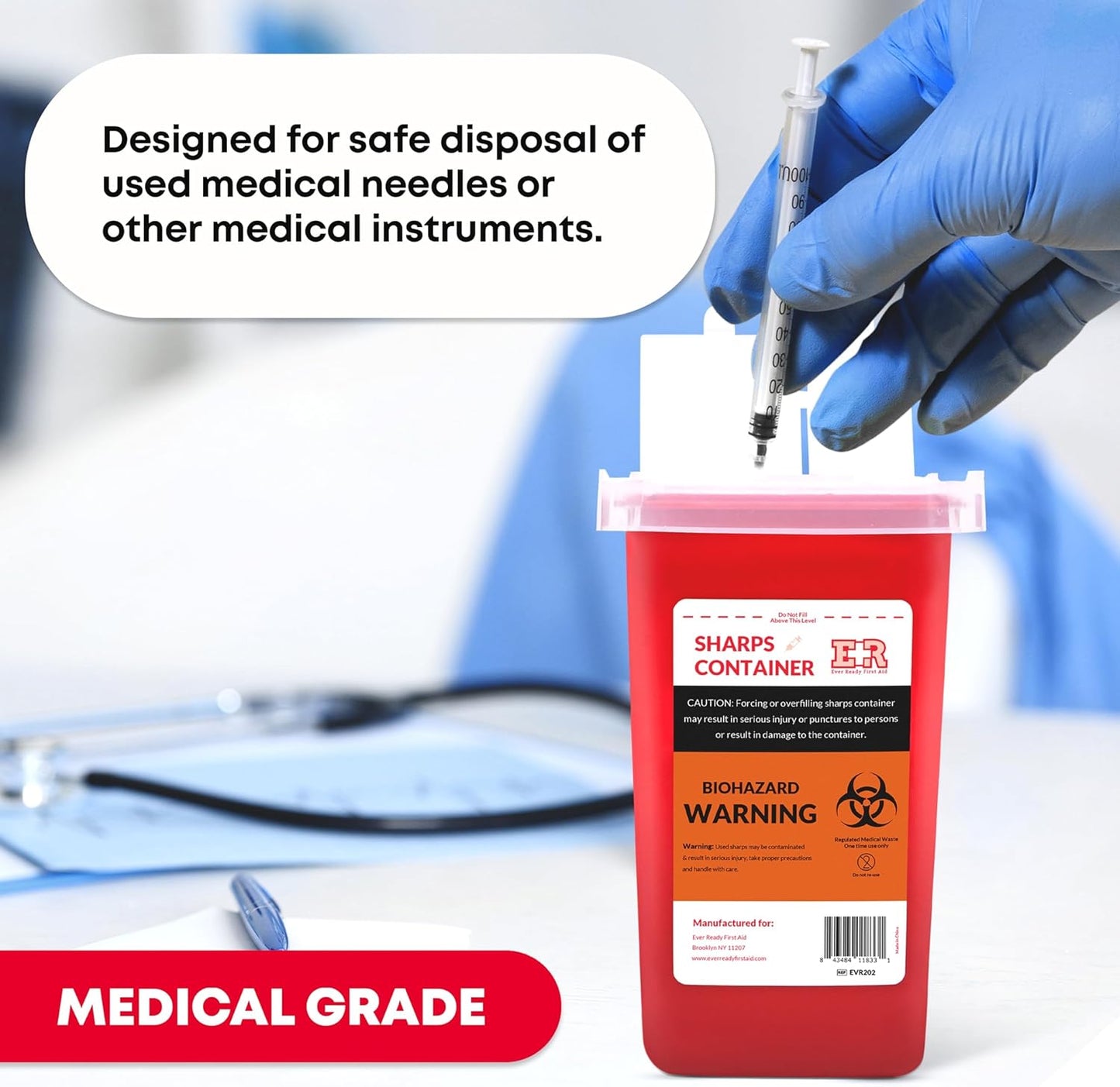 Sharps Container with Split Lid Design and Locking Mechanism for Safe Needle, Syringe, and Lancet Disposal - Puncture-Resistant, Leak-Proof, 1 Quart - 100 Count