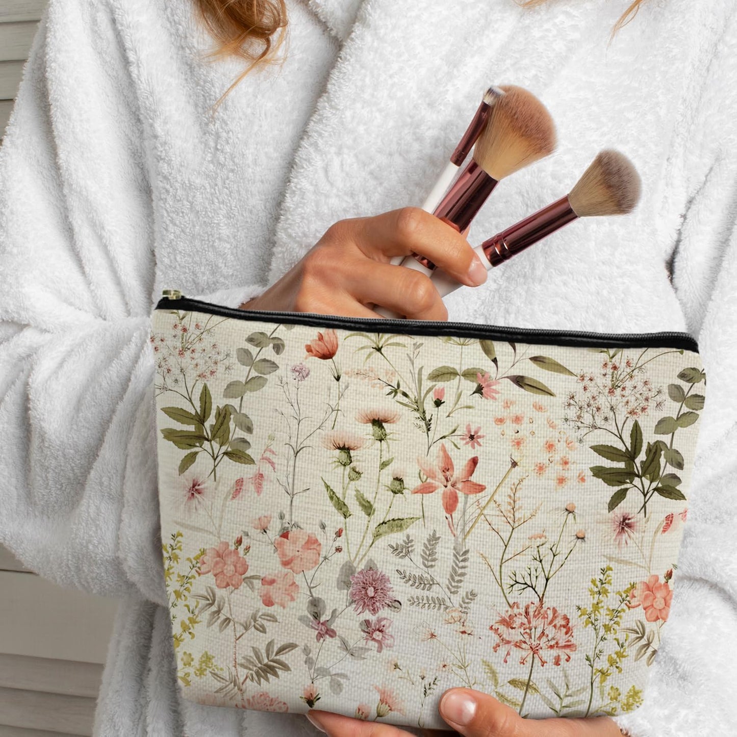 Floral Flower Makeup Bag, Cosmetic Bag for Women, Small Makeup Bag for Purse, White