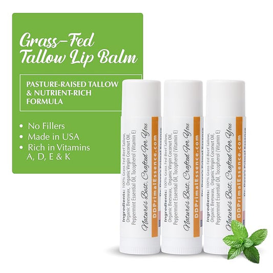 Moisturizing Tallow Lip Balm – Grass-Fed Beef Tallow with Organic Coconut Oil, Beeswax, and Vitamin E – Peppermint – Lip Balm Set – Travel Essential – 3-Pack