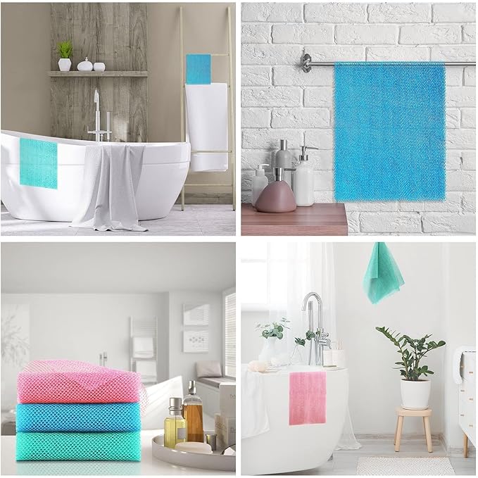 UJFQBH 3 Pieces African exfoliating net African Net Long Net Bath Sponge Exfoliating Shower Body Scrubber Back Scrubber Skin Smoother,Great for Daily Use (Pink, Blue, Green)