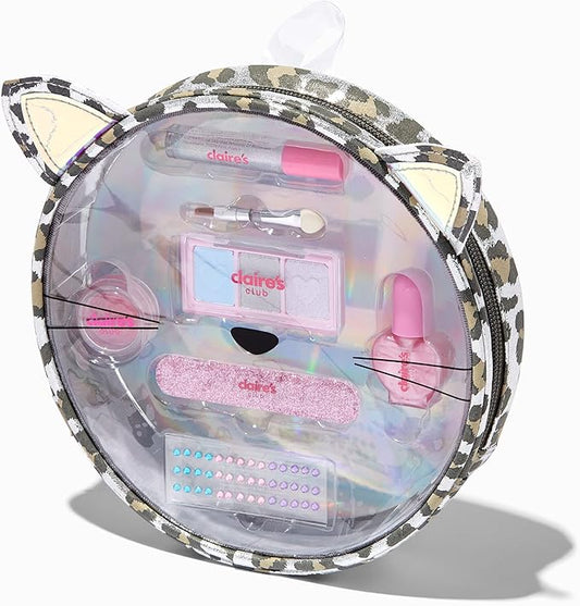 Claire's Accessories Snow Leopard Cosmetic Makeup Kit for Girls which includes Eye Shadows, Lip Gloss, Nails and More