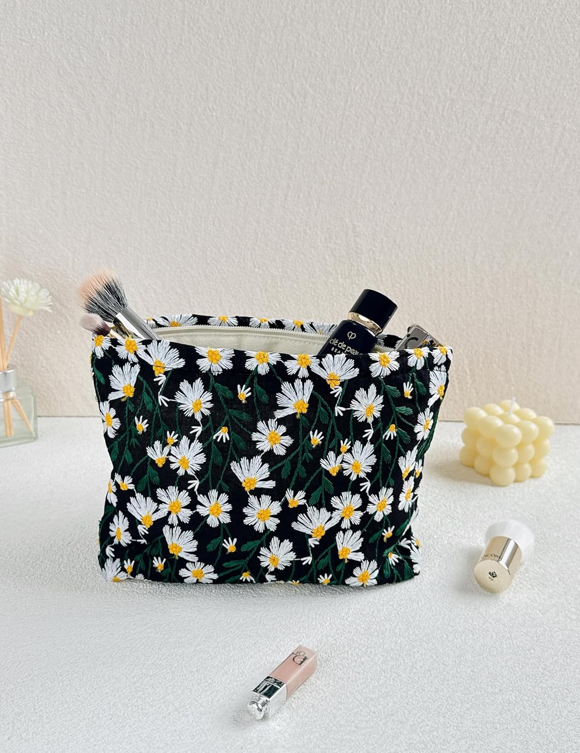 2 Pcs Makeup Bags, Large Cosmetic Bag Travel Toiletry Bag Organizer for Women, Embroidery Craft, Floral Makeup Bag Small Cosmetic Pouch Purse with Zipper Gifts for Girls Teen