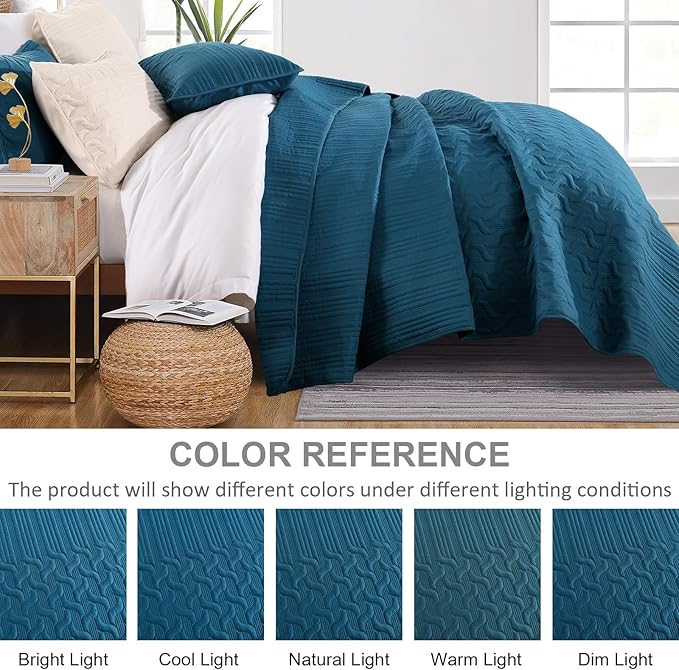 Yiran Teal Blue Quilt Set Queen Size Lightweight Bedspread Ultrasonic Wave Pattern Soft Microfiber Coverlet for All Season Modern Style 3 Piece Bed Cover Sets with 2 Pillow Shams (96"x90")