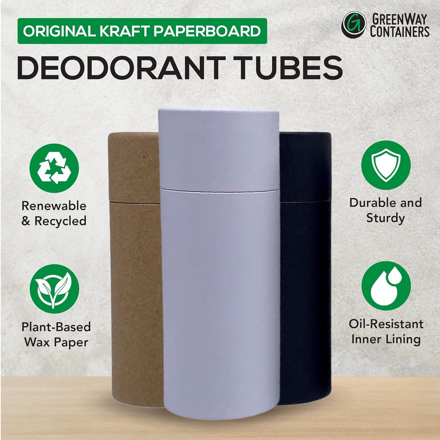GreenWay 2.5oz / 70g Kraft Paperboard Deodorant Tubes with Lids - 25 Pack Solid Perfume Tubes Refillable DIY Cosmetic Containers - Brown