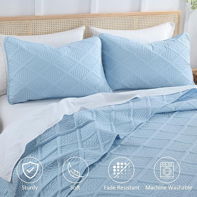 Yiran Ash Blue Quilt Set King Size, 3 Piece Reversible Bedspreads Bedding Set, Fall Diamond Pattern Coverlet for All Season with 2 Pillow Shams (King, 106x96 Inch)