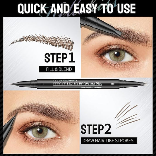 Microblading Eyebrow Pen, Curved Eyebrow Pencil 2-in-1 Dual-Ended Eyebrow Pencil 2-Fork-Tip and Single Tip Creates Natural Eyebrows Waterproof Long-lasting (Black Brown)