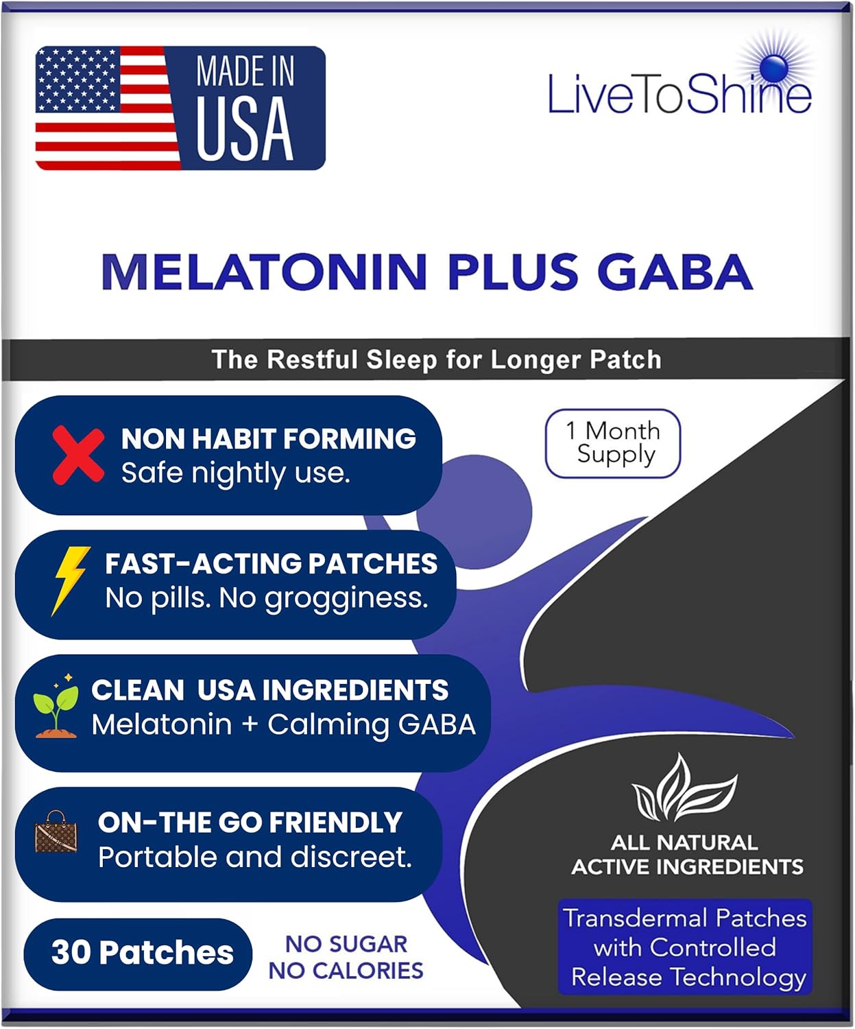 Live To Shine Melatonin Patches for Sleep - Plus GABA to Calm Busy Brains Fast - Perfect Combo for Men and Women - Slow Release - 30 Patches - USA Made
