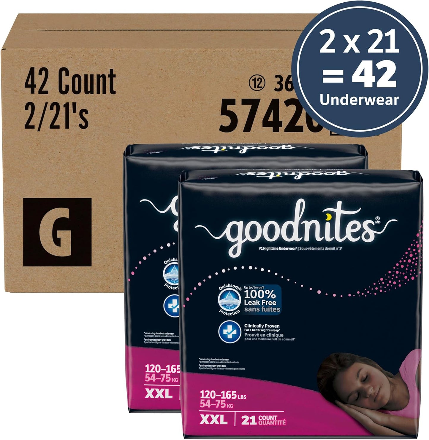 Goodnites Girls' Nighttime Underwear, Size XXL (120-165 lbs), 42 Ct (2 Packs of 21), Packaging May Vary