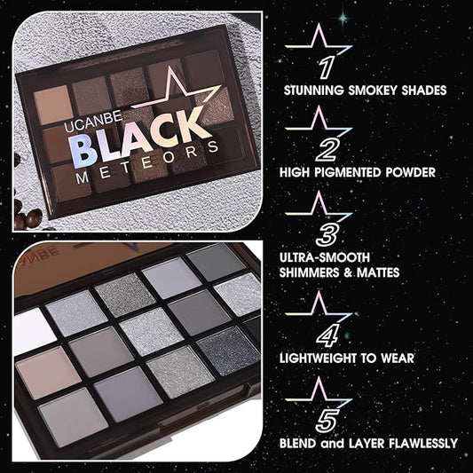 UCANBE Smokey Black Eyeshadow Palette, 15 Colors Dark Shimmer Matte Metallic Makeup Pallet, High Pigmented Gray Silver Sombras De Ojos Kit for Daily and Halloween