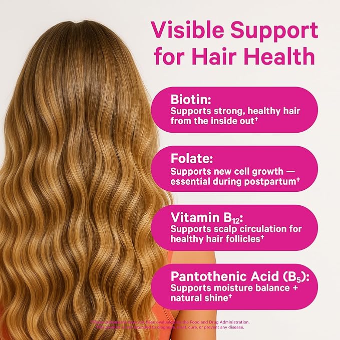 Pink Stork Postpartum Hair Loss Gummies - Biotin with Vitamin E, Pantothenic Acid, B6 & B12 for Beautiful & Strong Hair, Skin, and Nails - Postpartum Essentials for New Moms - 60 Gummy Vitamins