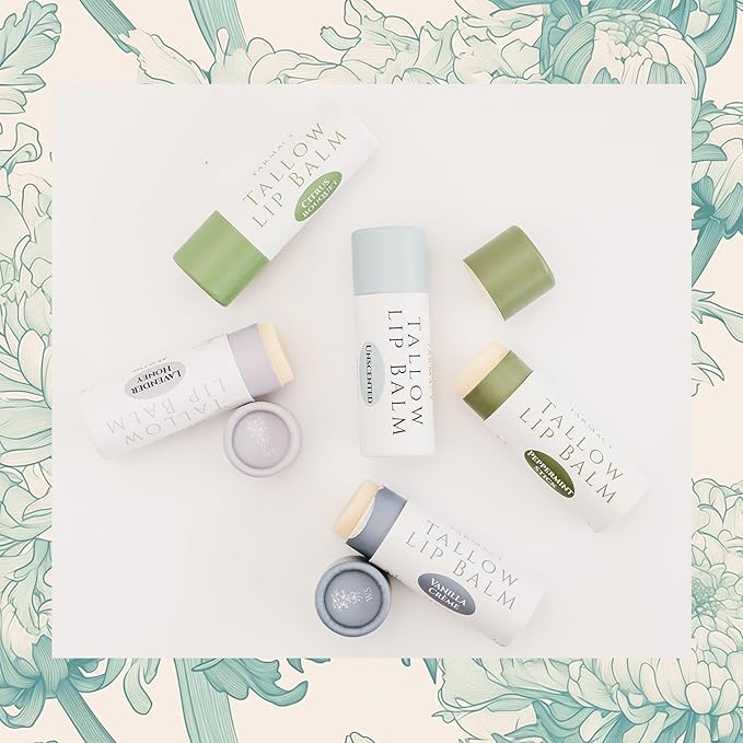 Organic Tallow Lip Balm (Lavender & Honey) from Grass Fed Cows. Super hydrating with Tallow, Olive Oil, Honey, and Beeswax. Sustainable Cardboard Tubes & Hand Filled. Jumbo Size 0.5 oz.