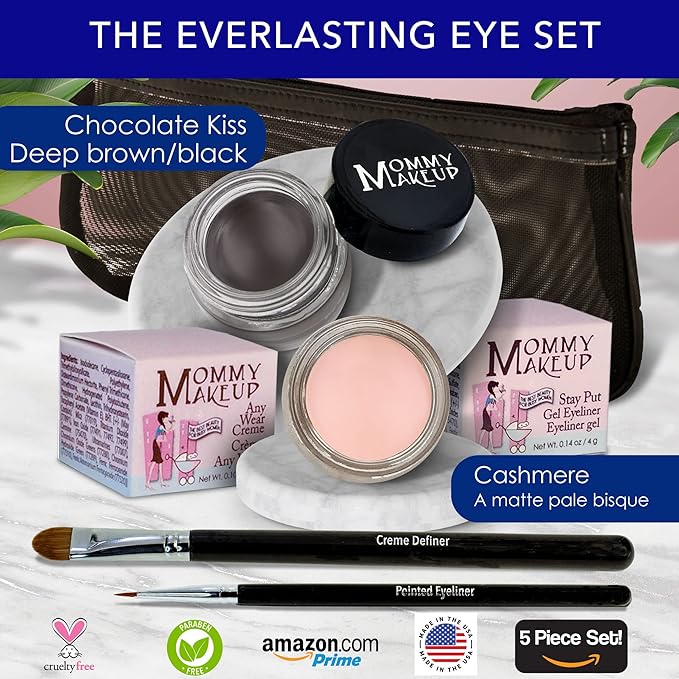 The Everlasting Eye 5 Piece Waterproof Makeup Set. Gel Eyeliner, Creme Eyeshadow, 2 brushes and Mesh Bag. Paraben-free, Talc-free, Cruelty-free. Cashmere/Chocolate Kiss 2502