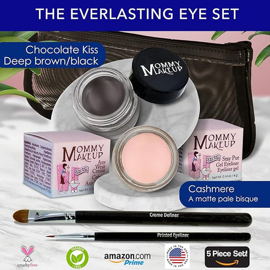 The Everlasting Eye 5 Piece Waterproof Makeup Set. Gel Eyeliner, Creme Eyeshadow, 2 brushes and Mesh Bag. Paraben-free, Talc-free, Cruelty-free. Cashmere/Chocolate Kiss 2502