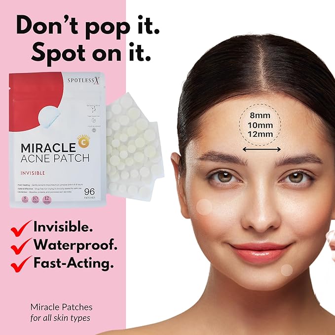 Miracle Patch - Invisible Pimple Patches for Face & Body,Fast-Acting Zit Stickers, Hydrocolloid Acne Treatment with Tea Tree Oil & Salicylic Acid–Waterproof, Hypoallergenic. 96 Counts 3 Sizes