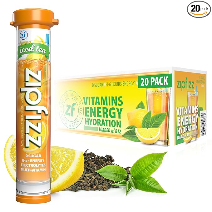 Zipfizz Daily Energy Drink Powder, Lemon Iced Tea, 20 Pack | 3-in-1 Sustained Energy, Rapid Hydration, and Essential Vitamins | Sugar-Free | Electrolyte Powder | Contains Vitamin B-12 & Antioxidants